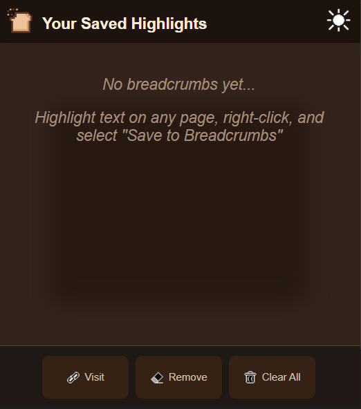 Breadcrumbs extension dashboard in dark mode with an empty Saved Highlights list and action buttons