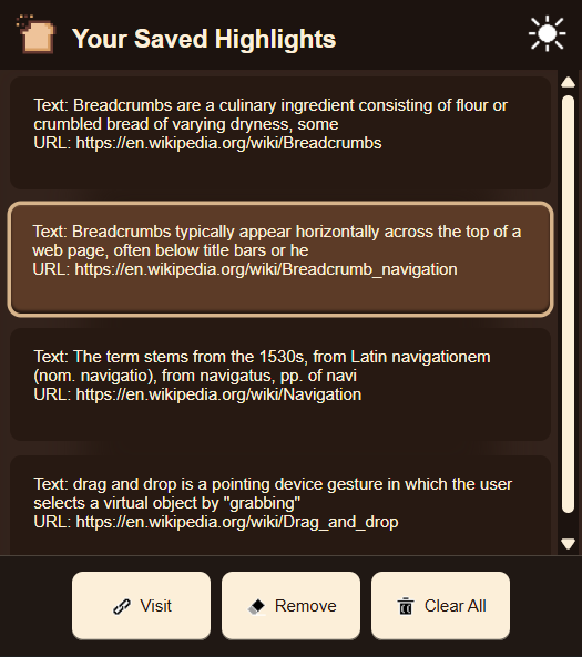 Breadcrumbs extension dashboard in dark mode showing saved highlights in the Saved Highlights list with action buttons