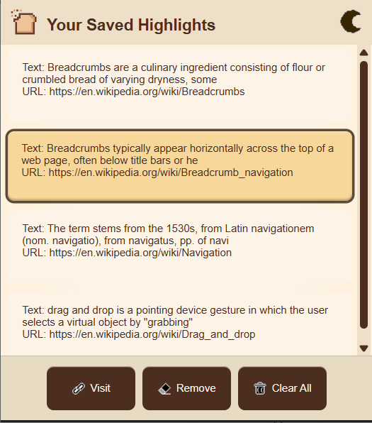 Breadcrumbs extension dashboard in light mode showing saved highlights in the Saved Highlights list with action buttons