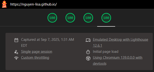Lighthouse Desktop summary for Home page showing 100 across all categories; runtime shows desktop emulation