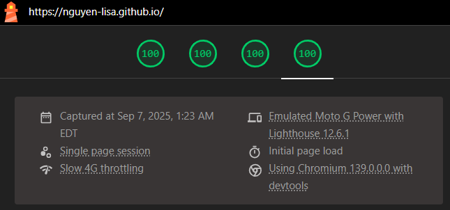Lighthouse Mobile summary for Home page showing 100 across all categories; runtime shows emulated mobile on slow 4G"