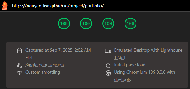 Lighthouse Desktop summary for Case Study page showing 100 across all categories; runtime shows desktop emulation