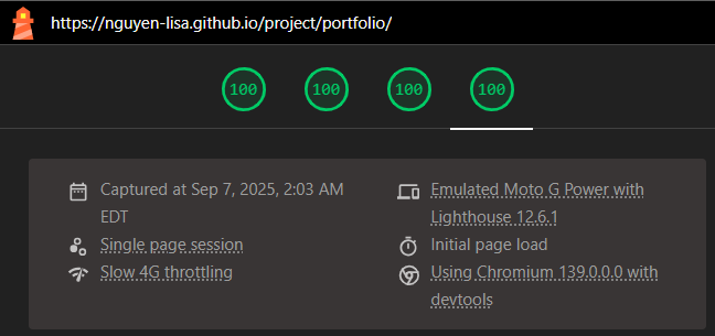 Lighthouse Mobile summary for Case Study page showing 100 across all categories; runtime shows desktop emulation